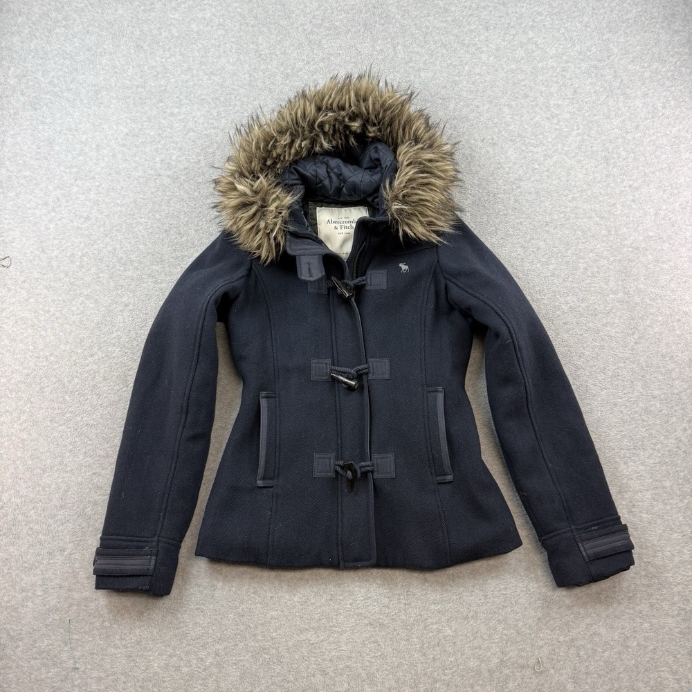 Y2K Abercrombie & Fitch Toggle Jacket Fur‎ Hood Womens M Vintage Navy Blue Wool